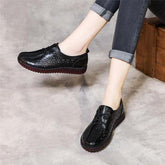 Casual Shoes Genuine Cow Leather Flat Comfortable For Women Hollow Breathable Lace-Up Ladies Flats - Touchy Style .