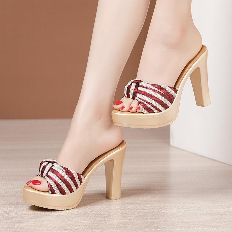 Casual Shoes Open Toe Bow Stripe Slides For Women Summer 2021 High Heels Slippers Ladies Office Beach - Touchy Style