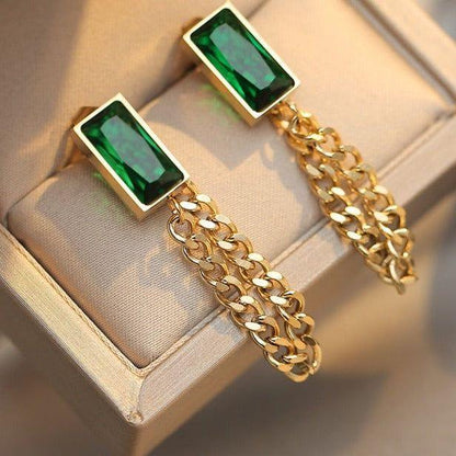 Classic Geometric Rectangle Green Crystal Stainless Steel Charm Jewelry Set CJSW45 - Touchy Style