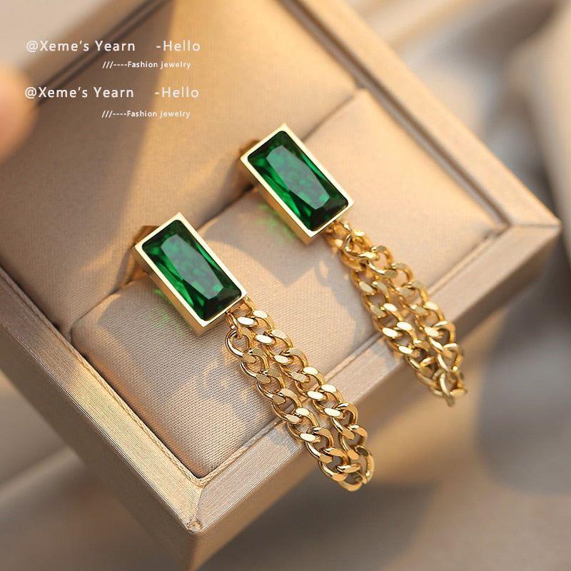 Classic Geometric Rectangle Green Crystal Stainless Steel Charm Jewelry Set CJSW45 - Touchy Style