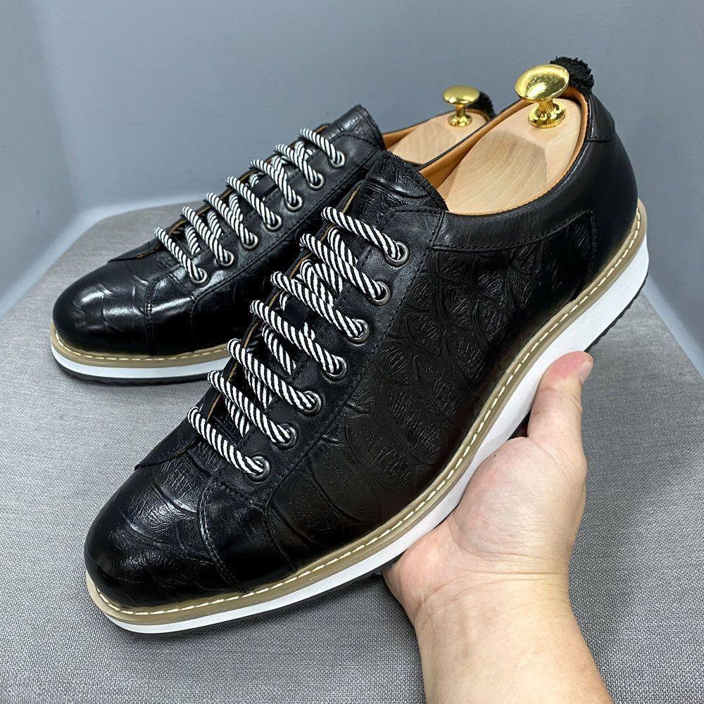 Men Shoes Designer Sneakers Black Round Toe Handmade Crocodile Skin Casual  Shoes Lace Up Thick Platform Genuine Leather Shoes