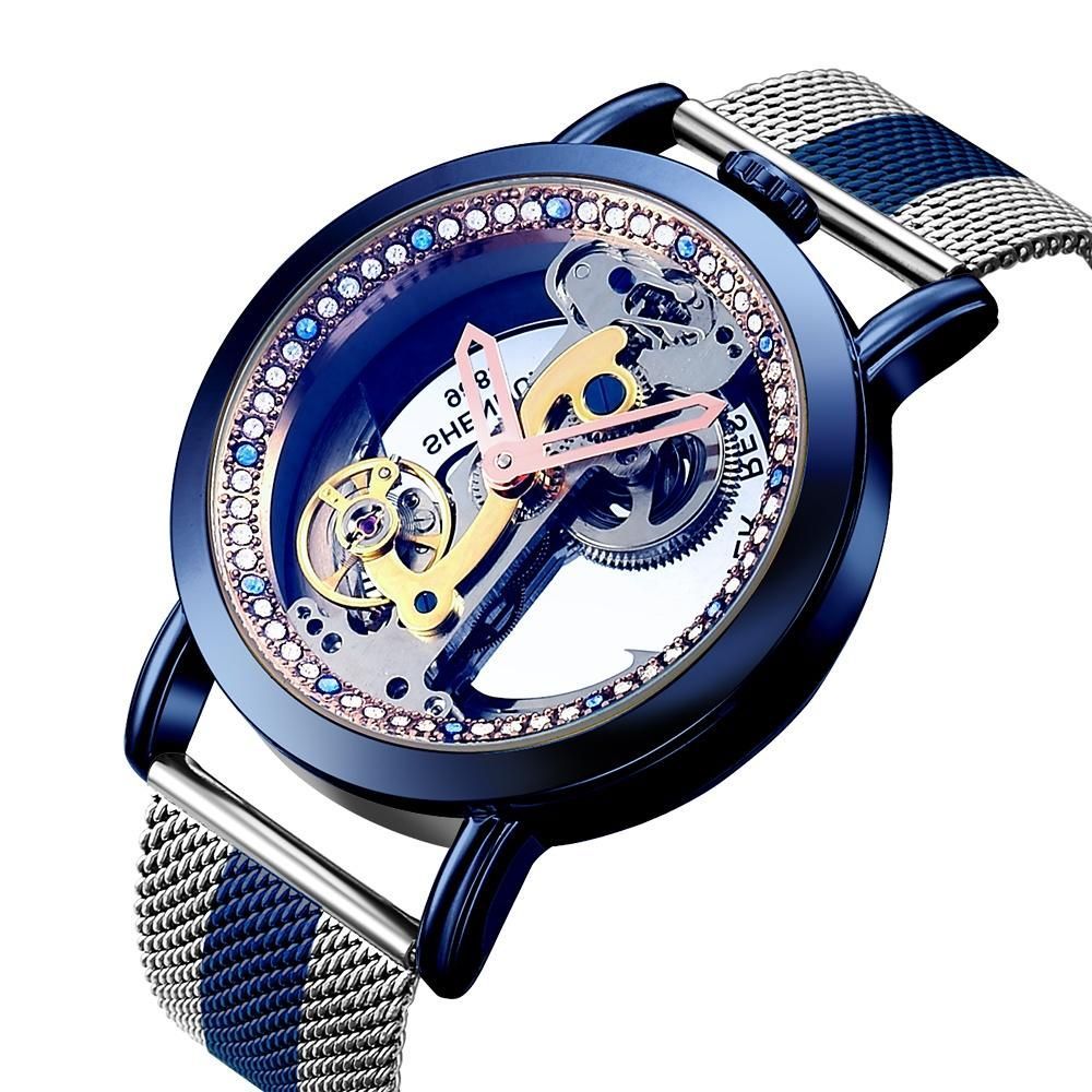 Winner Transparent Diamond Mechanical Watch Blue Stainless Steel Skeleton  Watch | eBay
