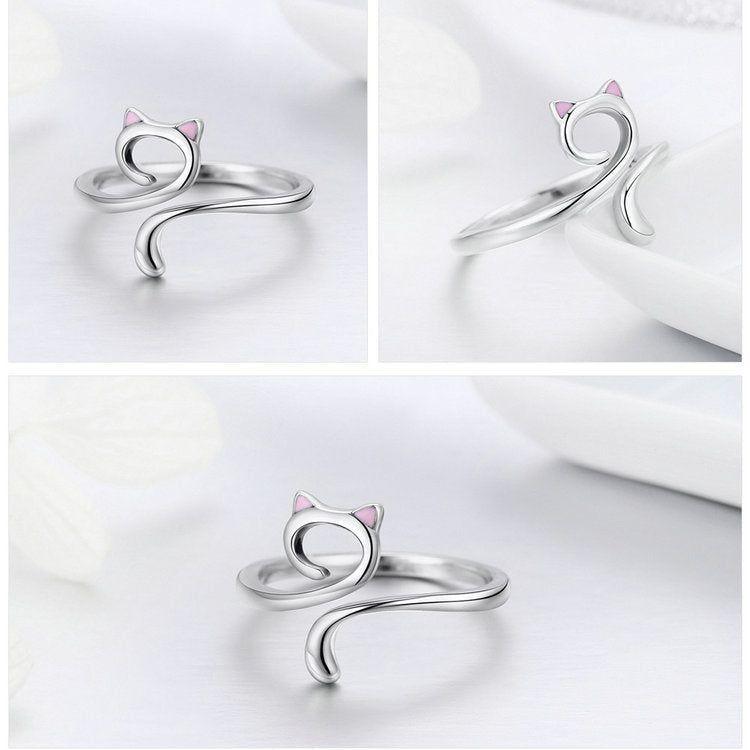 Cute Cat 925 Sterling Silver Finger Rings Charm Jewelry BOS1238 - Touchy Style