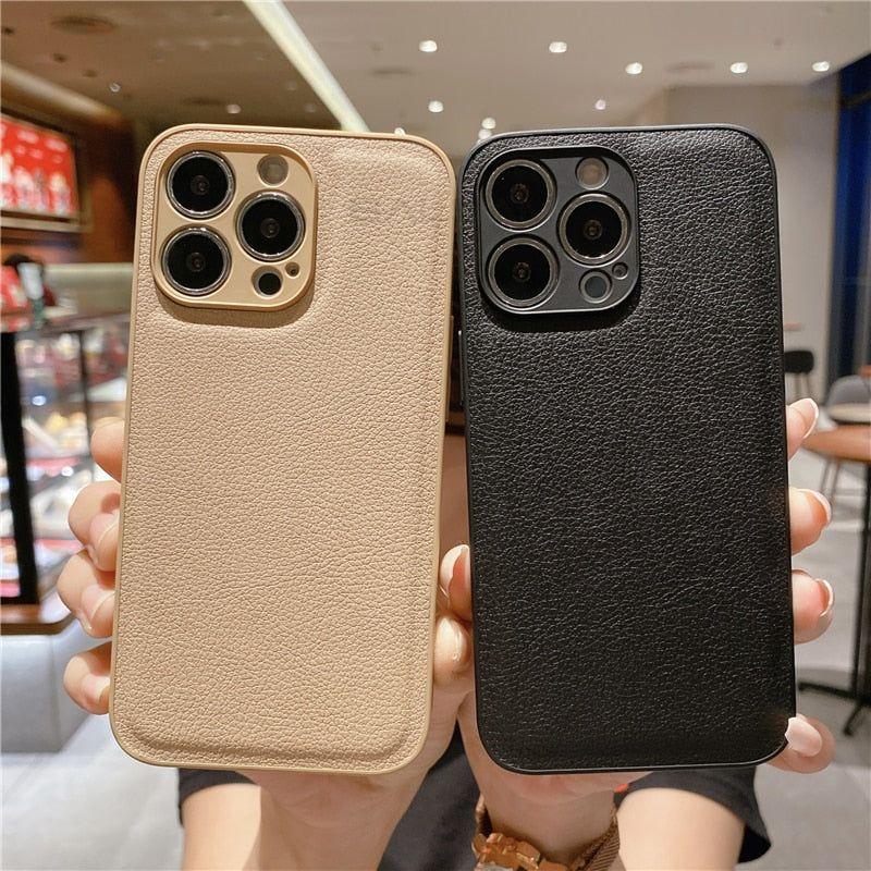 Cute Luxury Leather Texture Shockproof Phone Cases for iPhone 14, 13, 12, 11 Pro, XS Max, XR, 7, 8 Plus, SE2022 Mini, with Candy Color Soft Silicone Cover - Touchy Style