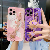 Cute Phone Case For iPhone 13 11 12 Pro X XR XS Max 7 8 Plus SE 2020 Luxury Geometric Splicing Love Heart Wrist Chain Soft Cover - Touchy Style .