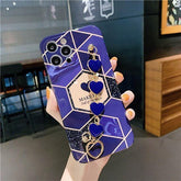 Cute Phone Case For iPhone 13 11 12 Pro X XR XS Max 7 8 Plus SE 2020 Luxury Geometric Splicing Love Heart Wrist Chain Soft Cover - Touchy Style .