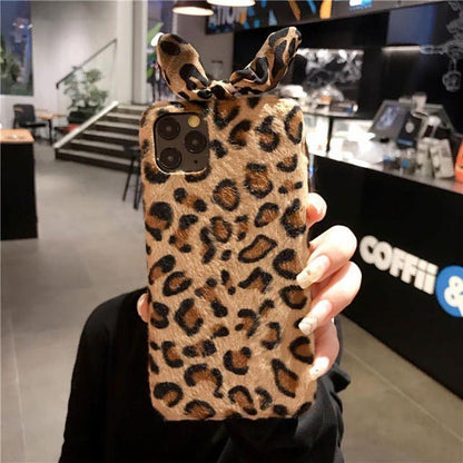 Cute Phone Case for iPhone 13 12 11 Pro Max Mini XR X XSMax 7 8 Plus 6 6S SE 2020 Fur Leopard Fluffy With Bowknot Soft Cover - Touchy Style