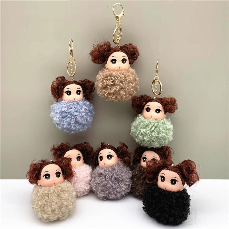 Touchy Style Unique Key Chain 2021 Pearl Crystal Bottle Bow Pompom Fluffy Puff Ball Keychains Pink