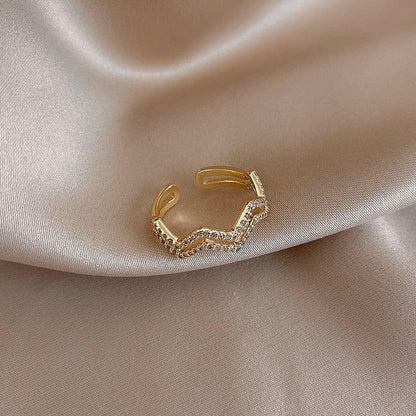 Double Waves Shape Crystal Golden Open Finger Rings Charm Jewelry XYS0151 - Touchy Style