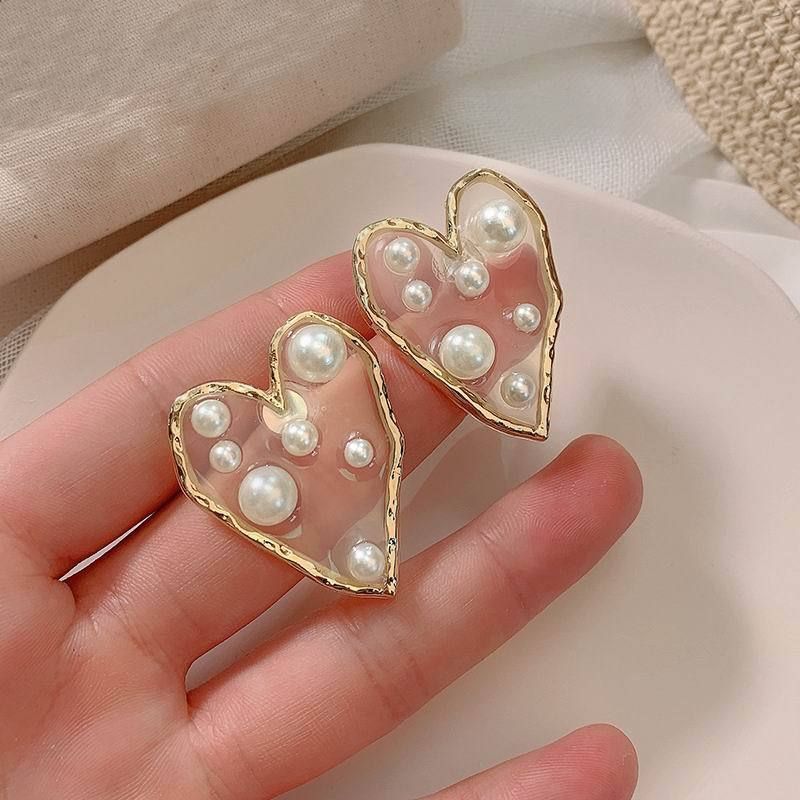 Earrings Charm Jewelry Transparent Big Heart Pearl 