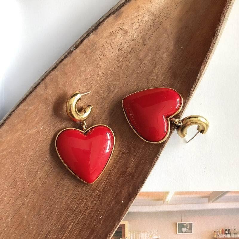 Earrings Charm Jewelry Vintage Big Metal Red Heart 