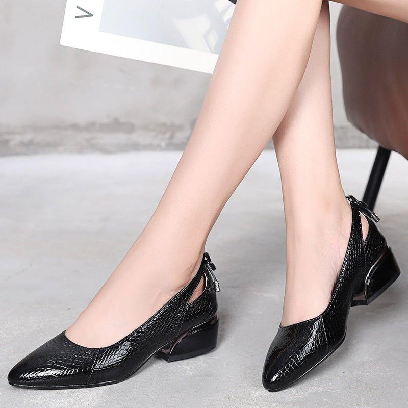 Fashion Leather Pumps Thick Low Heel Women&