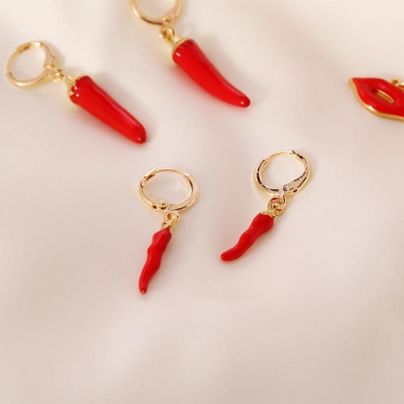 Fashionable Gold Chili Pendant Earrings and Necklace Set with Red Enamel Accents Charm Jewelry - Touchy Style