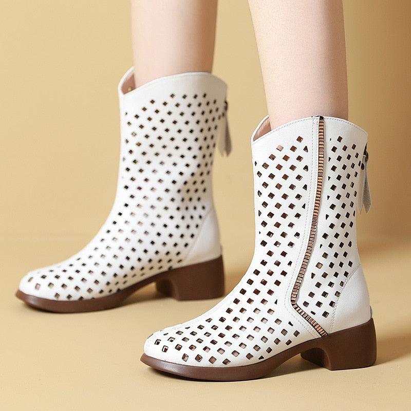 Fashionable Hollow Leather Mid-Calf Boots: RV215 Women&