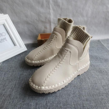 Female literary wool mouth short winter boots and handmade wool round thick soled ankle boots,4 colors - Touchy Style