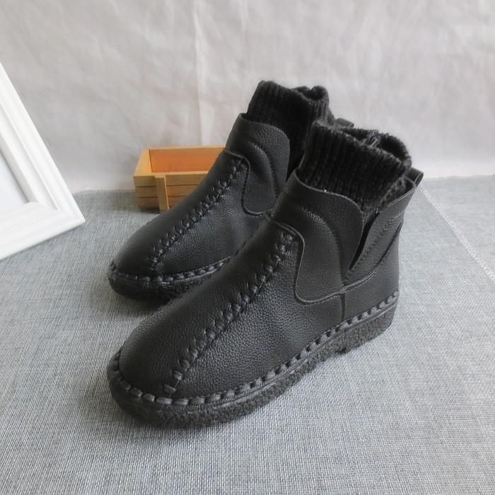 Female literary wool mouth short winter boots and handmade wool round thick soled ankle boots,4 colors - Touchy Style