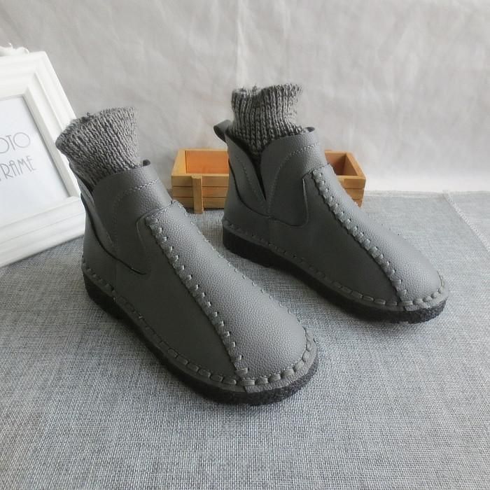 Female literary wool mouth short winter boots and handmade wool round thick soled ankle boots,4 colors - Touchy Style