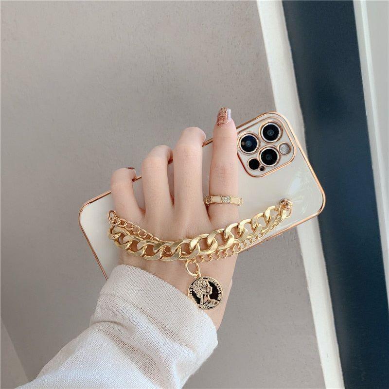 For iPhone 14 13 11 12 Pro Max Cases Luxury Metal Chain Wristband Plating Cute Phone Case For iPhone XR XS Max 7 8 Plus X Back Cover - Touchy Style