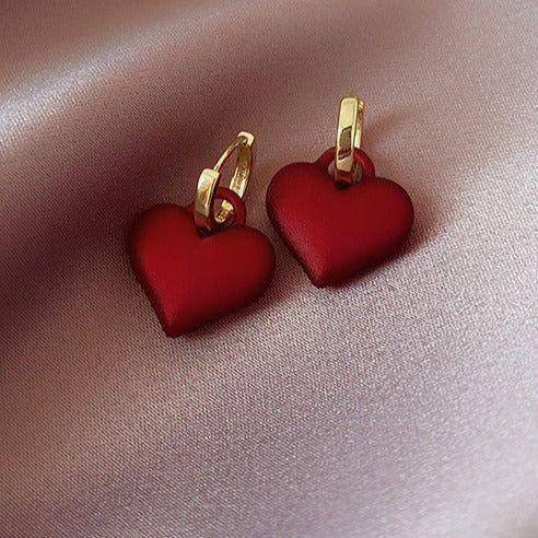 Frosted Matte Red Heart Drop Earrings Charm Jewelry ECJOS08 - Touchy Style