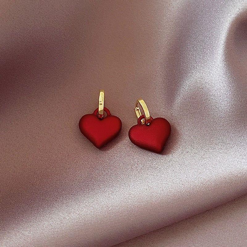 Frosted Matte Red Heart Drop Earrings Charm Jewelry ECJOS08 - Touchy Style