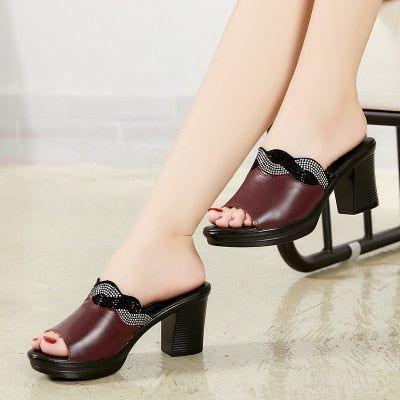 Genuine Leather High Heels Rhinestone Women&