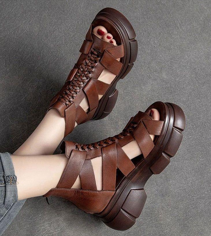 Genuine Leather Women Casual Shoes EM716 Retro Wedges Handmade Weave Sandals - Touchy Style