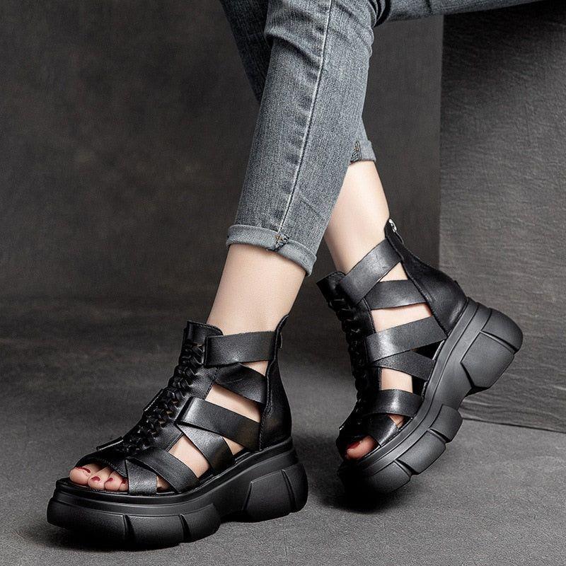 Genuine Leather Women Casual Shoes EM716 Retro Wedges Handmade Weave Sandals - Touchy Style