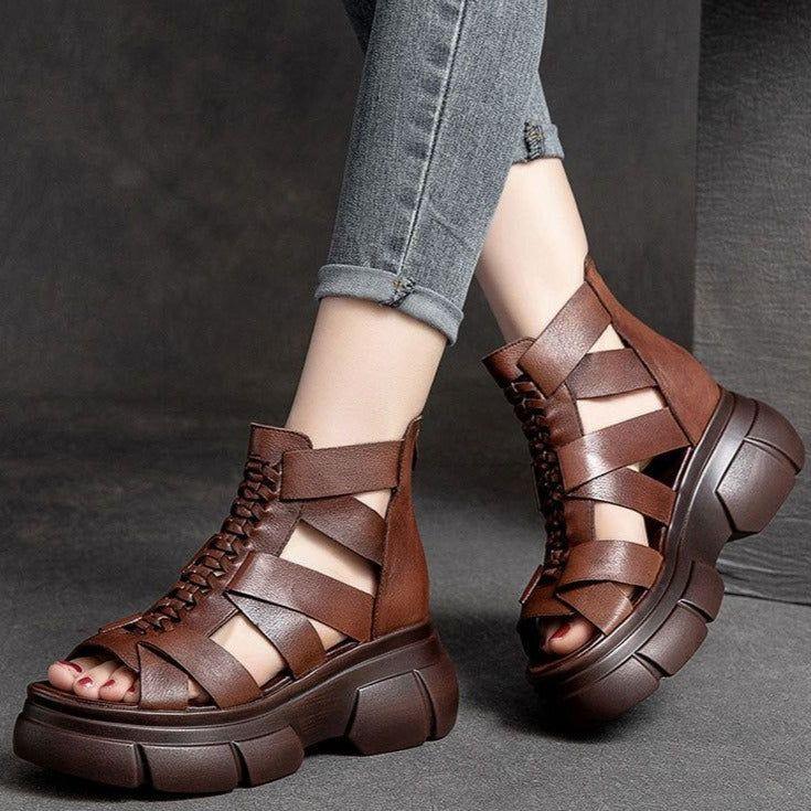 Genuine Leather Women Casual Shoes EM716 Retro Wedges Handmade Weave Sandals - Touchy Style