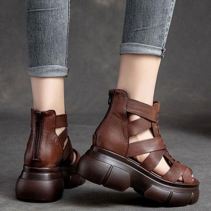 Genuine Leather Women Casual Shoes EM716 Retro Wedges Handmade Weave Sandals - Touchy Style