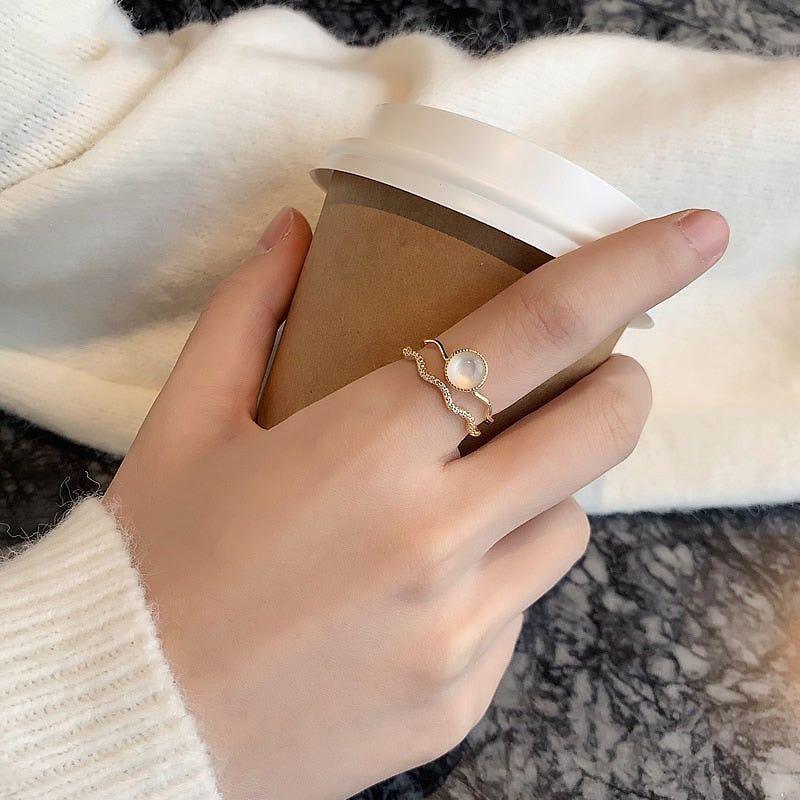 Golden Opening Finger Rings Charm Jewelry RCJTXY32 Luxurious French Double Wave Opal - Touchy Style