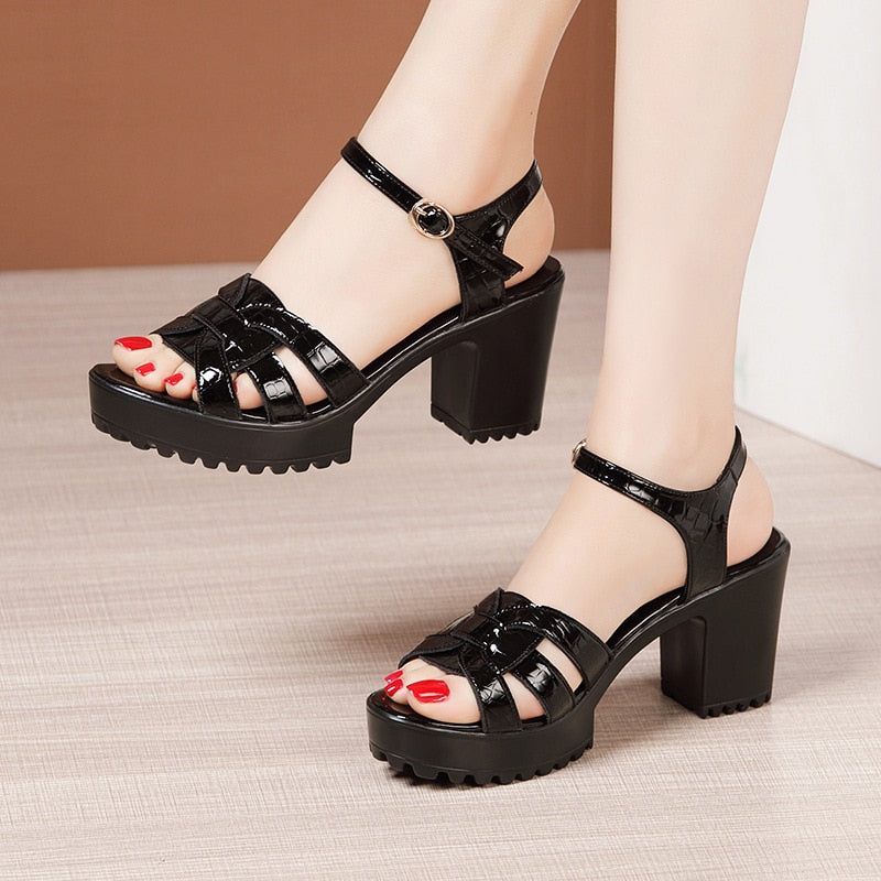 GT324 Women's Leather High Heels Sandals Casual Shoes