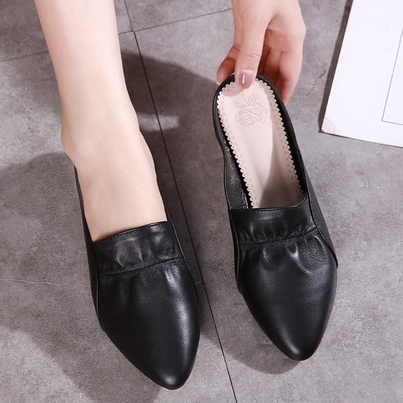 Women Formal Black Mules Pointed Toe Shoes Leather Comfort 