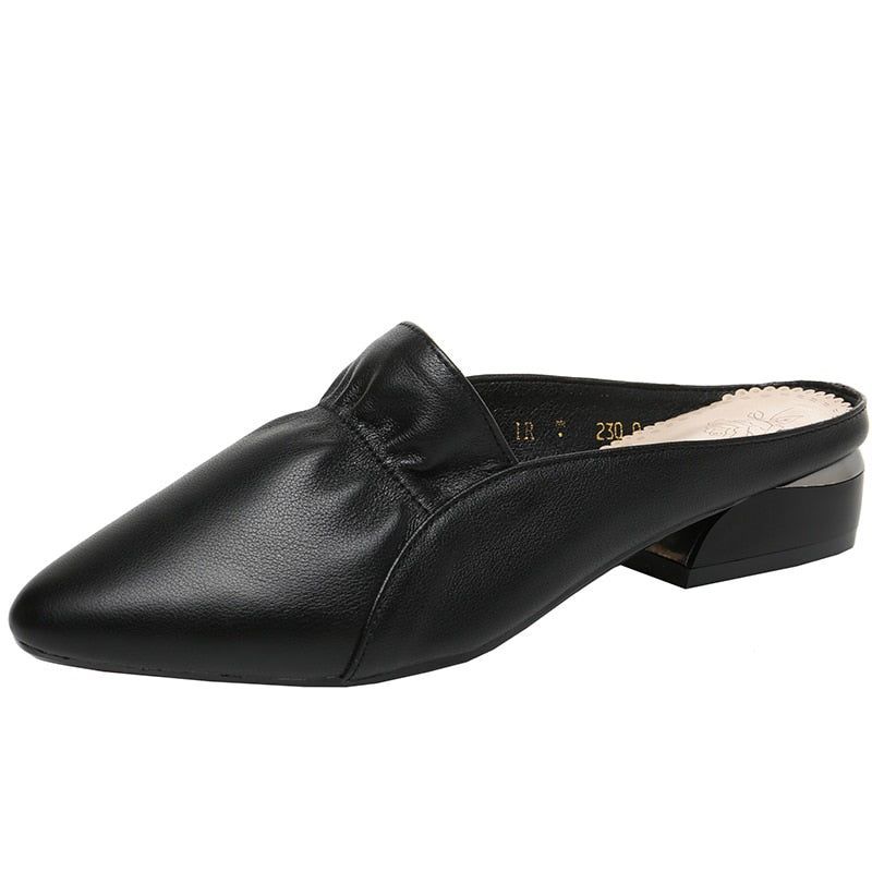 Women Formal Black Mules Pointed Toe Shoes Leather Comfort 