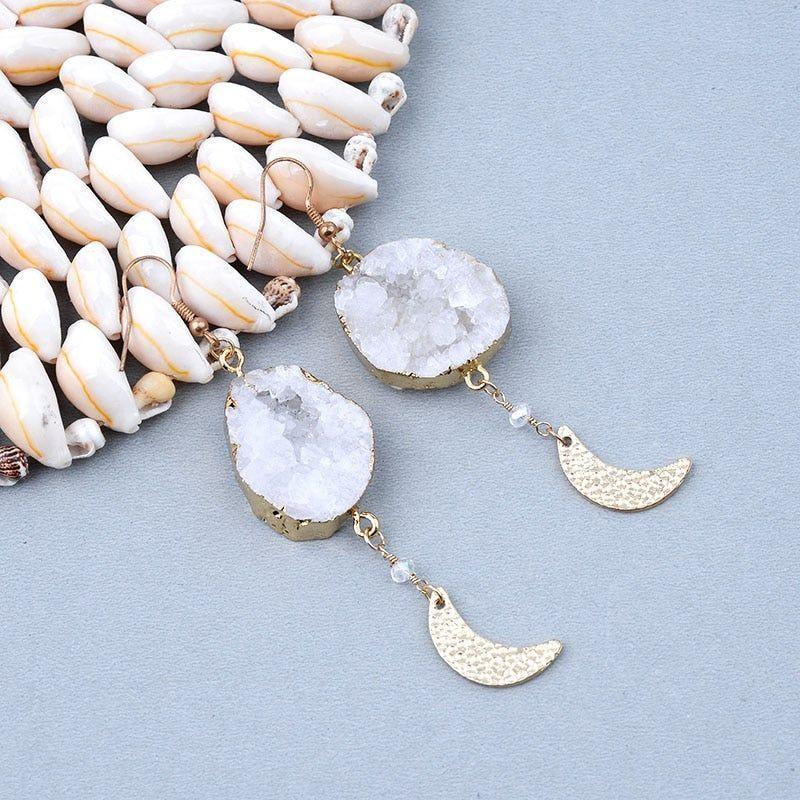 Half Moon Natural White Stone Big Long Earrings Charm Jewelry BS0214 - Touchy Style