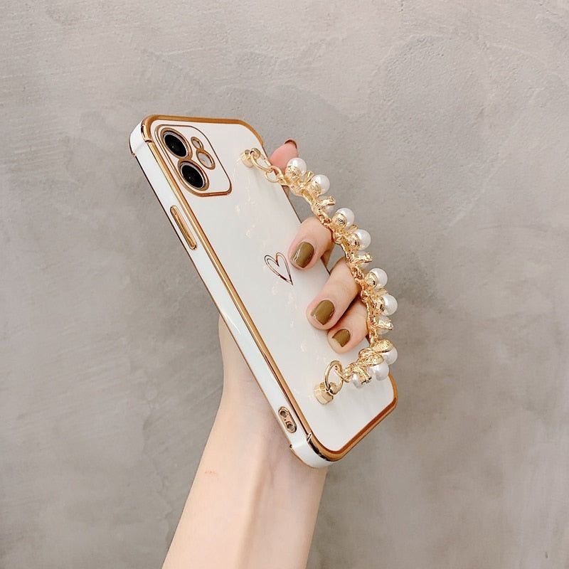 Rhombus Pattern Pearl Bracelet Phone Case Cover for iPhone 11 12 13 14 Pro  X XS