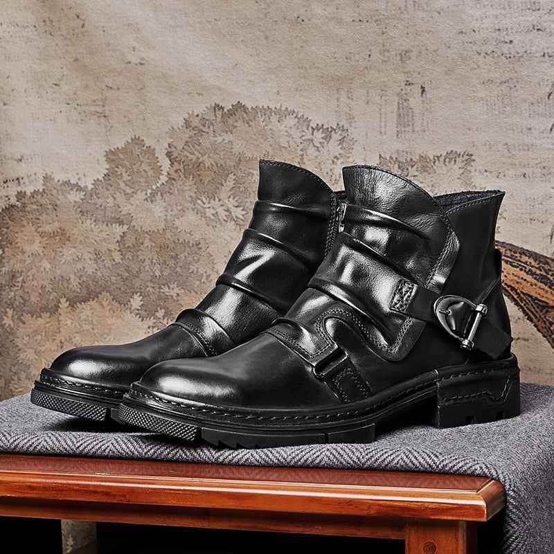 Mens black leather buckle boots hotsell