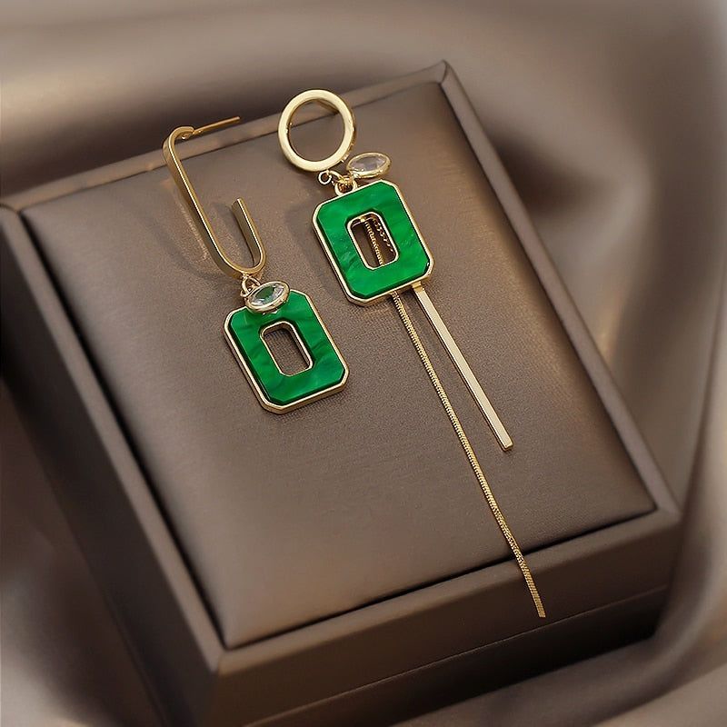 Long Drop Earrings ECJWY57 Green Square Tassel Korean Accessories - Touchy Style