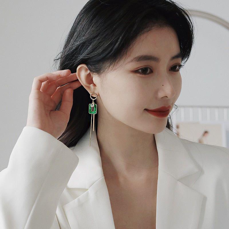 Long Drop Earrings ECJWY57 Green Square Tassel Korean Accessories - Touchy Style