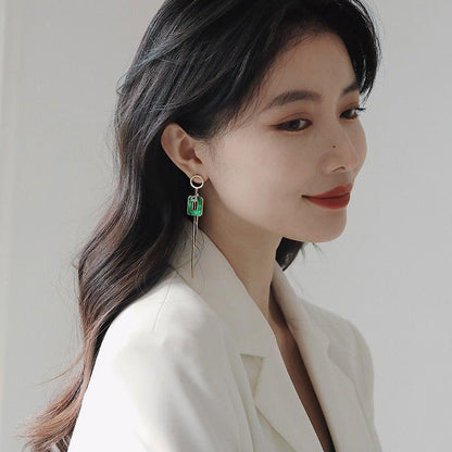 Long Drop Earrings ECJWY57 Green Square Tassel Korean Accessories - Touchy Style