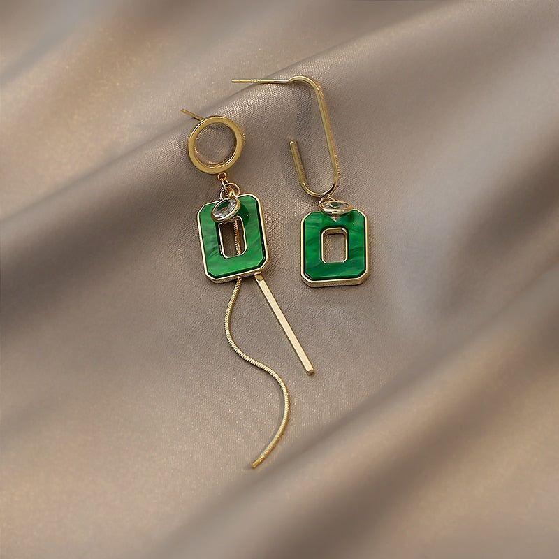 Long Drop Earrings ECJWY57 Green Square Tassel Korean Accessories - Touchy Style