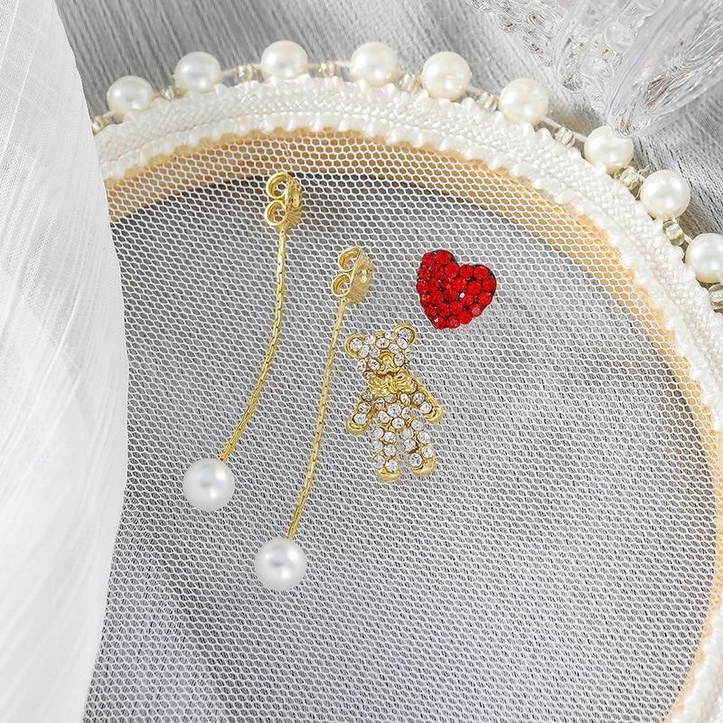 Long Earrings Charm Jewelry Crystal Heart Bear Pearl DM20X12 - Touchy Style