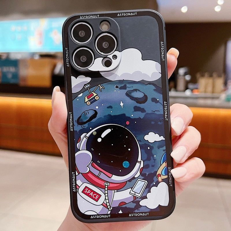 Luxury Shockproof Silicone Bumper Cute Phone Case for iPhone 13, 12, 11, 14 Pro Max, XS, X, XR, 8, 7, Plus, SE (2020) - Space Astronaut Design - Touchy Style