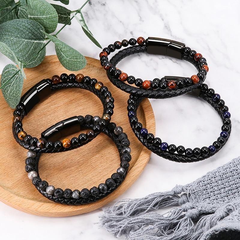 Multilayer Bracelets Charm Jewelry Nature Lava Stone Genuine Leather - Touchy Style