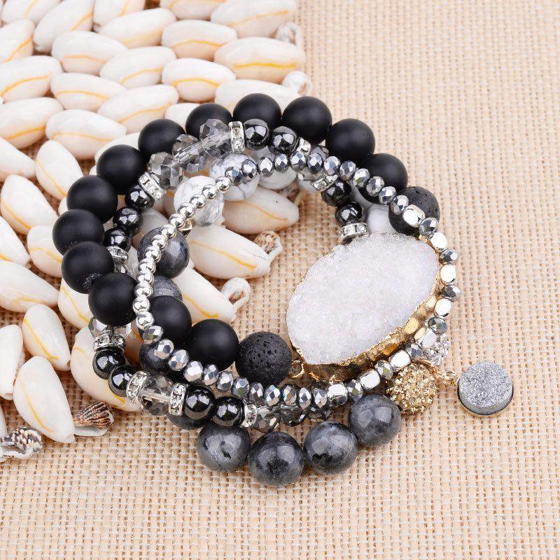 Natural Druzy Stone Bracelets Charm Jewelry Set Black Plastic Beads - Touchy Style