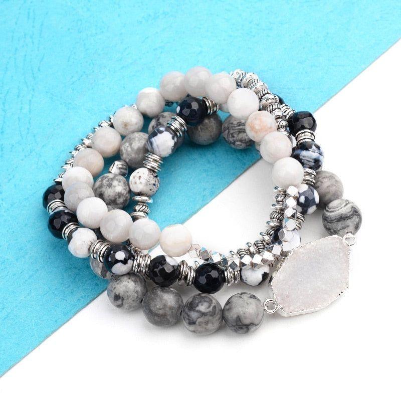 Natural Druzy Stone Bracelets Charm Jewelry Set Black Plastic Beads - Touchy Style