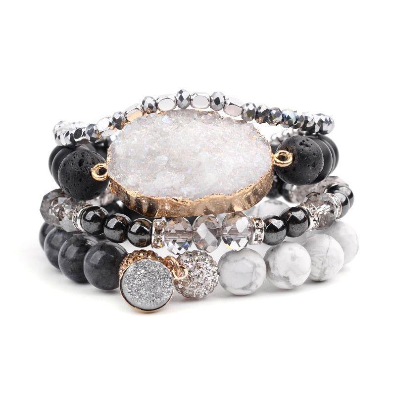 Natural Druzy Stone Bracelets Charm Jewelry Set Black Plastic Beads - Touchy Style