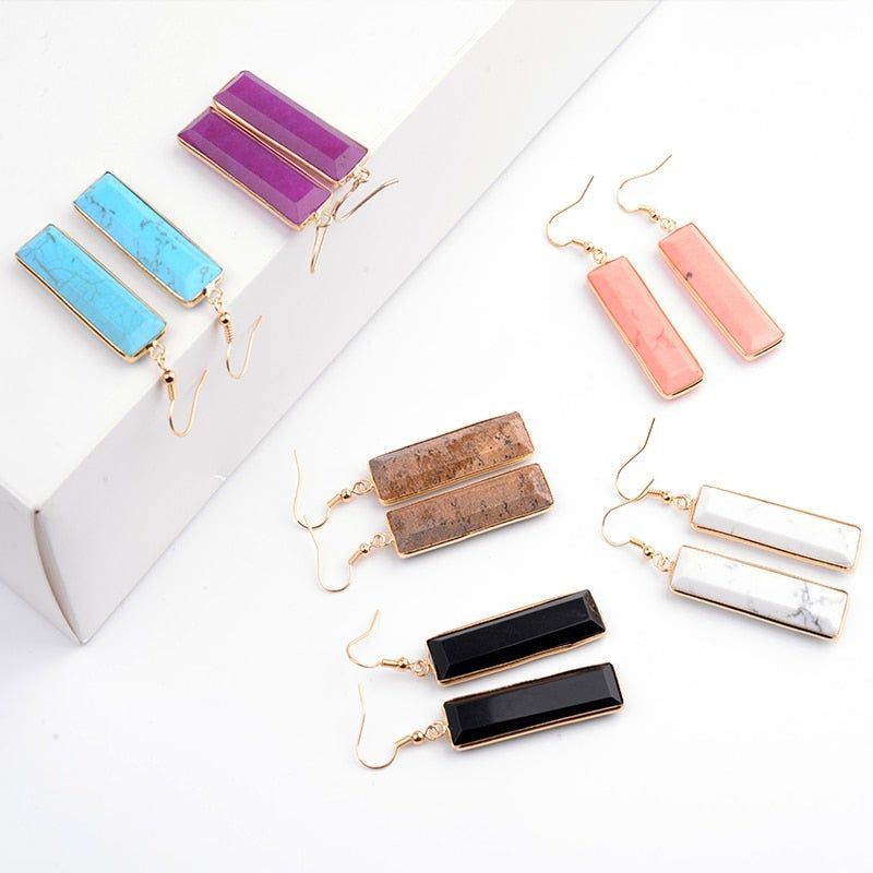 Natural Stone Rectangle Dangle Long Earrings Charm Jewelry BS0313 - Touchy Style