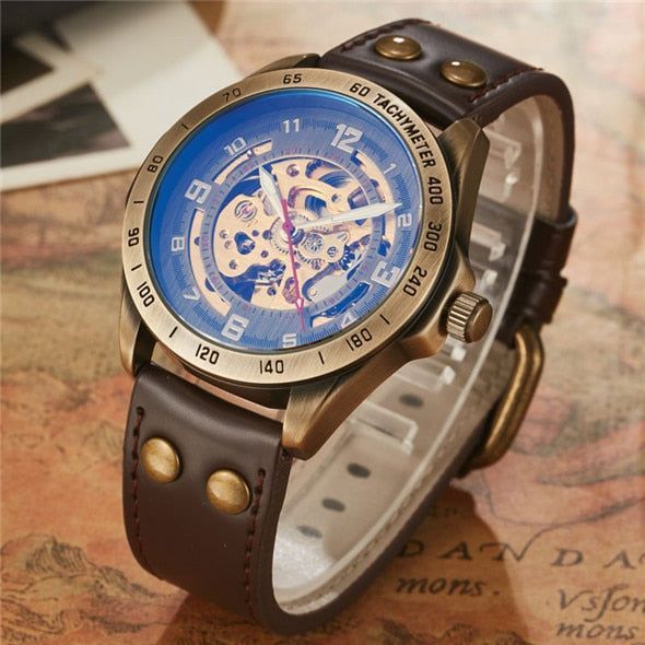 Retro Style Men Automatic Mechanical Watch Skeleton Steampunk Genuine Leather Band Men's Self Winding Wrist Watches Men M4 Brown