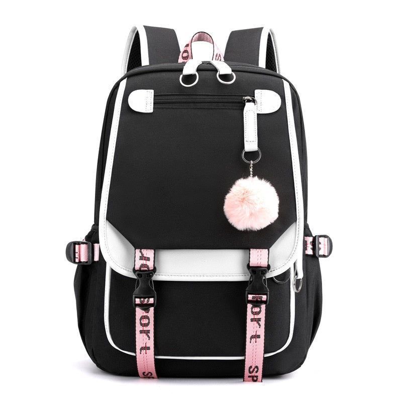 Leisure USB Interface Nylon Student Bag Girls Waterproof Bandage Junior  High School Backpacks, Fashion Backpacks