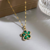 Stainless Steel Green Zircon Flowers Pendant Necklace Charm Jewelry NCJIO30 - Touchy Style .